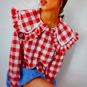 ASOS DESIGN oversized frill collar blouse in red gingham Size large 12 NEW